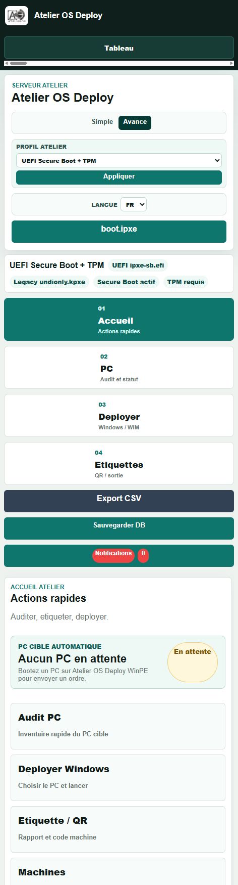 Interface PC Atelier OS Deploy